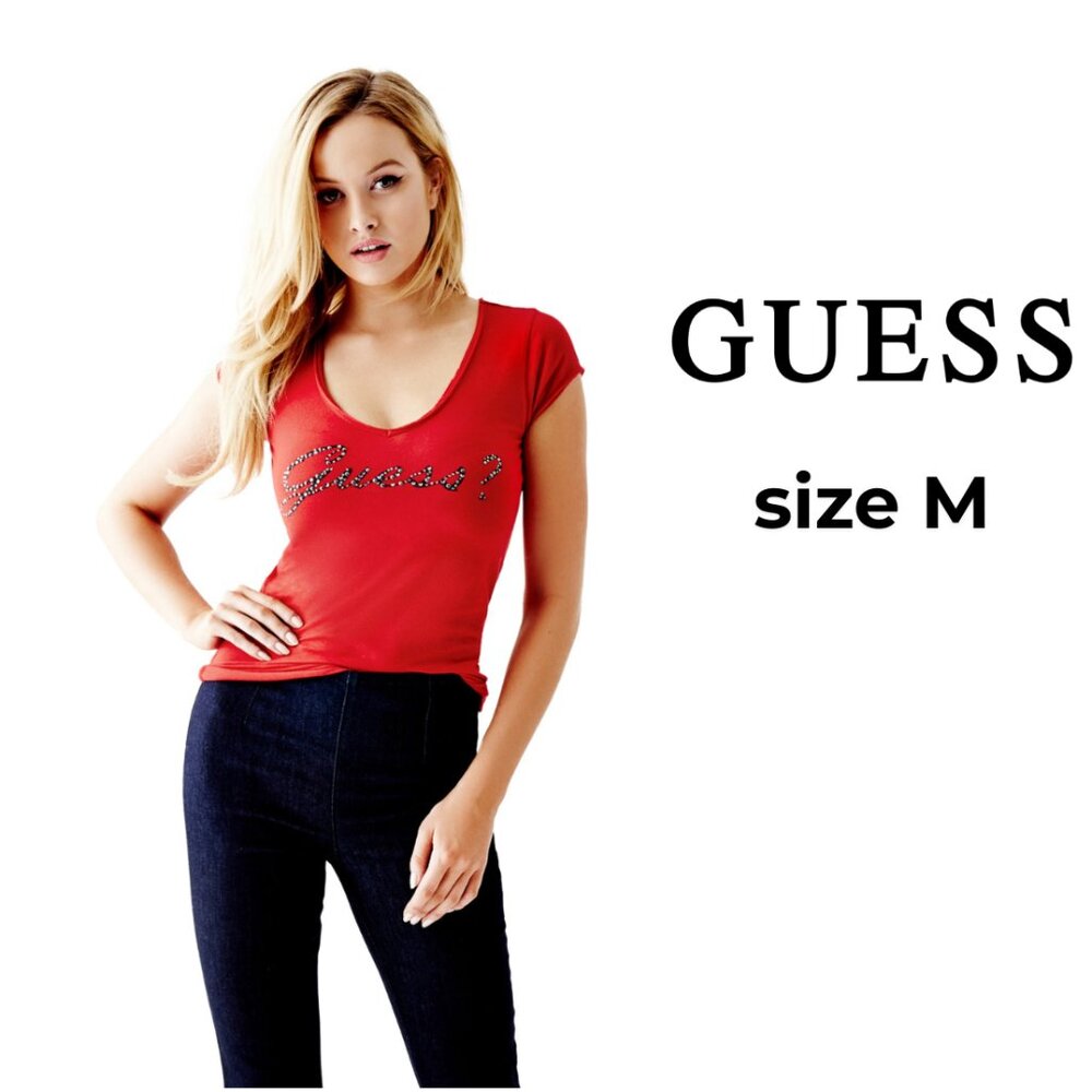 Guess Red V-Neck Short Sleeve Tee with Rhinestone Logo